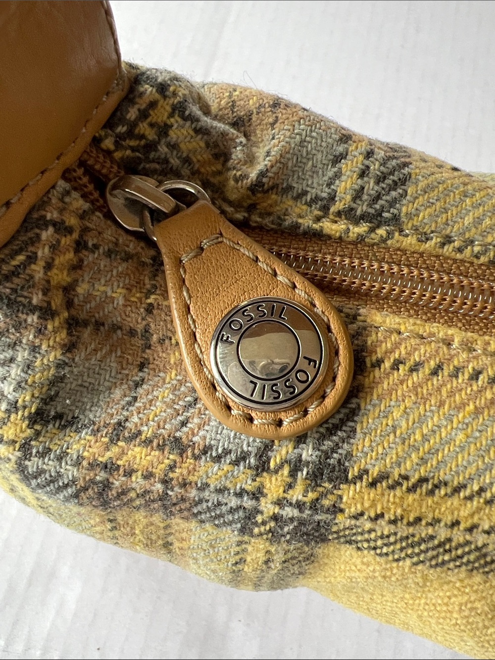 vintage Fossil shoulder yellow plaid pattern Leather Trim Tartan Baguette purse - Picture 3 of 8